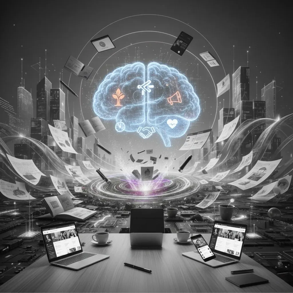 An illustrated glowing brain over a desk with laptops and papers, standing for connected automations