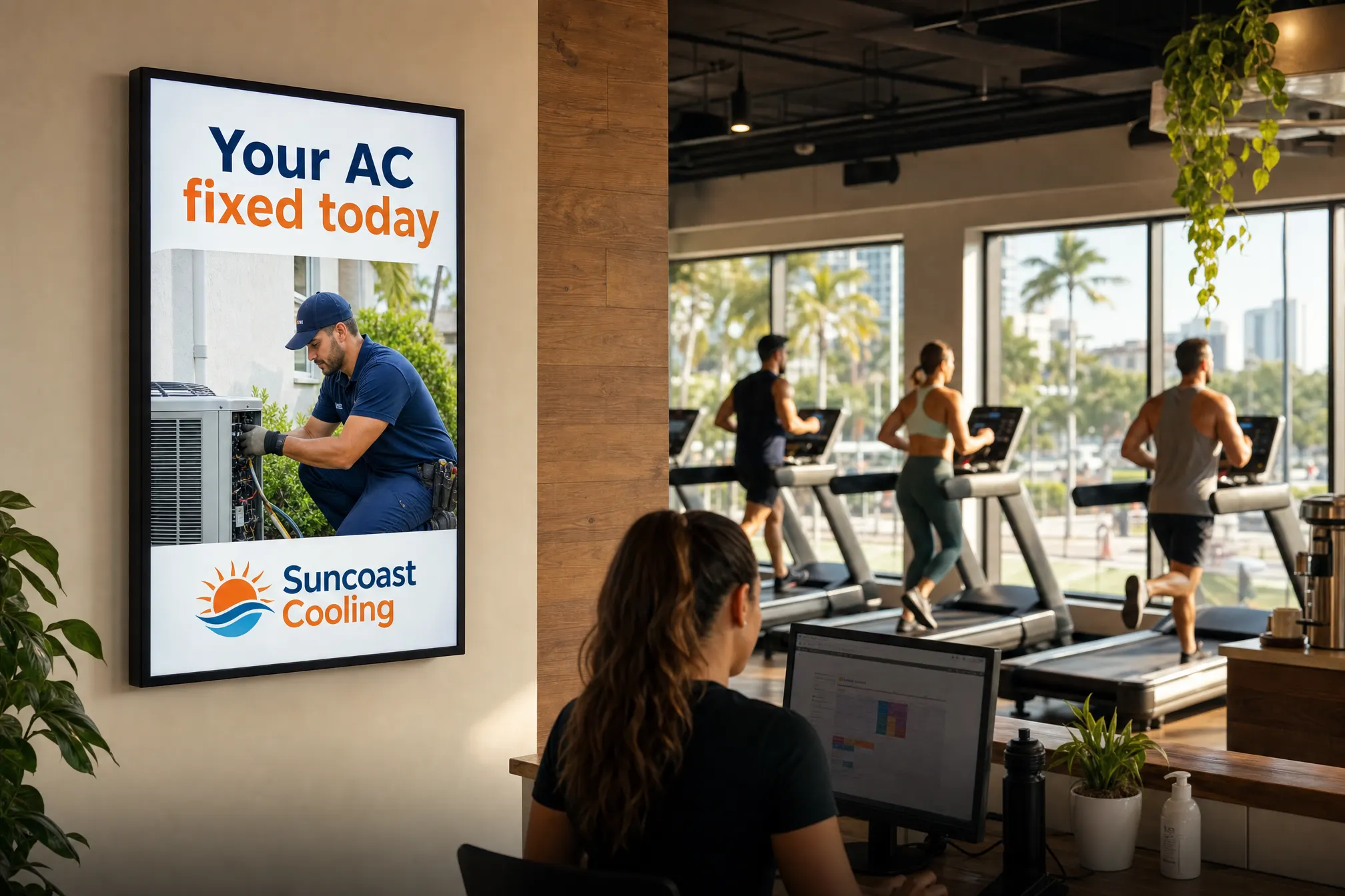 A wall screen showing a local advertisement inside a bright gym