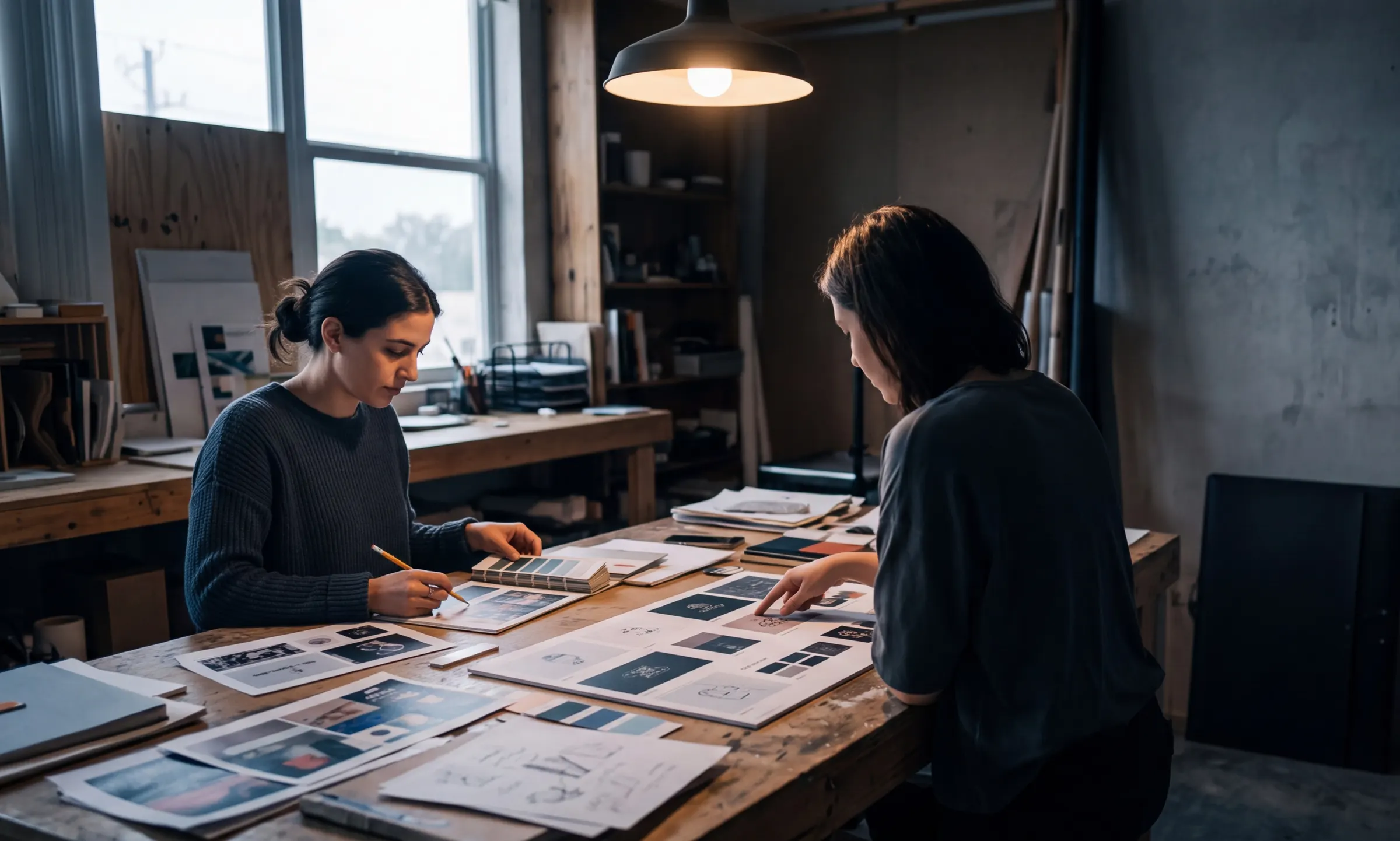 Two designers reviewing printed identity proofs at a studio table