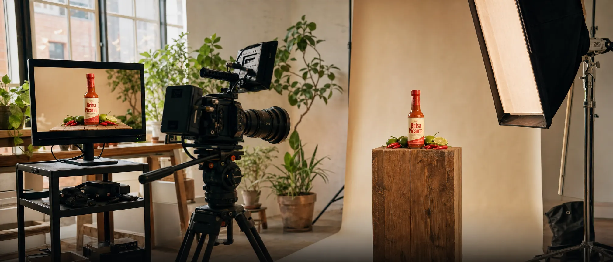 A cinema camera on a tripod filming a sauce bottle on a wooden pedestal in a small studio