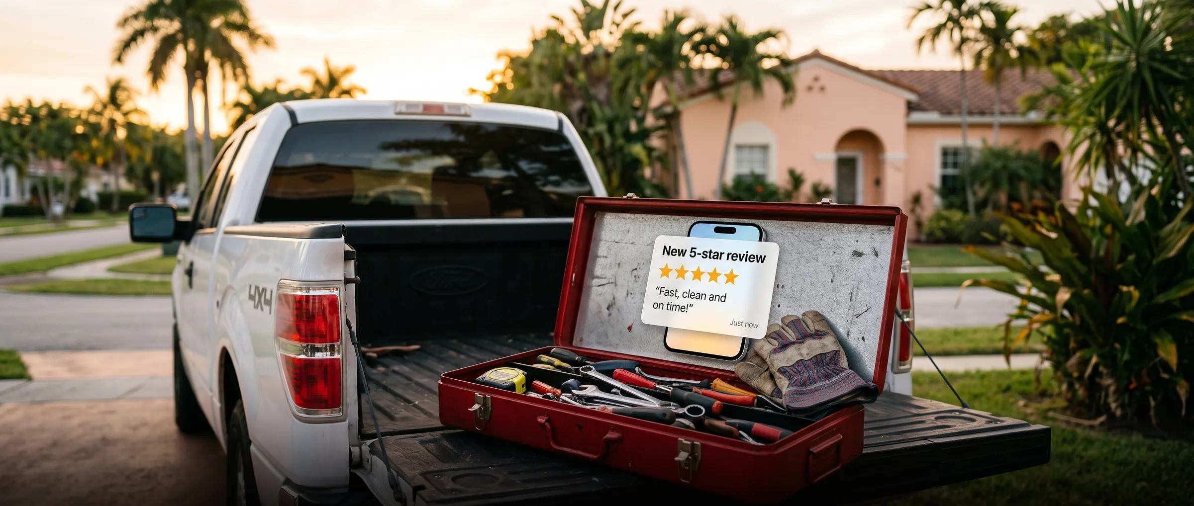 An open toolbox on a pickup tailgate with a phone showing a new five-star review