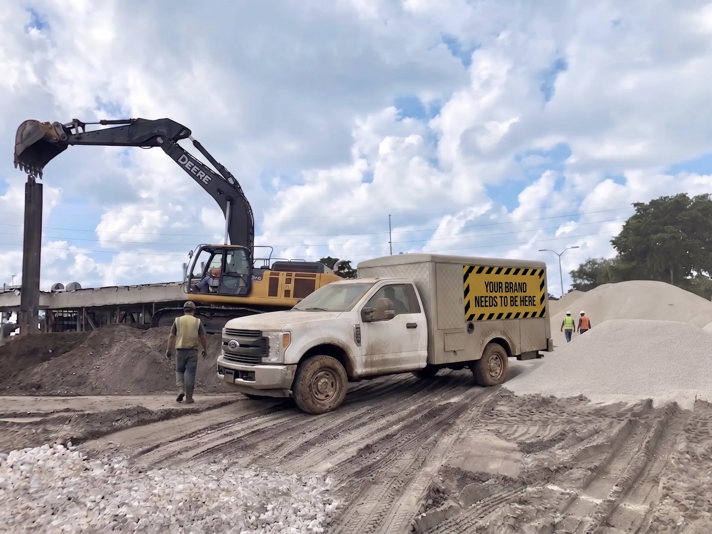A white work truck with a 'Your brand needs to be here' panel at a construction site
