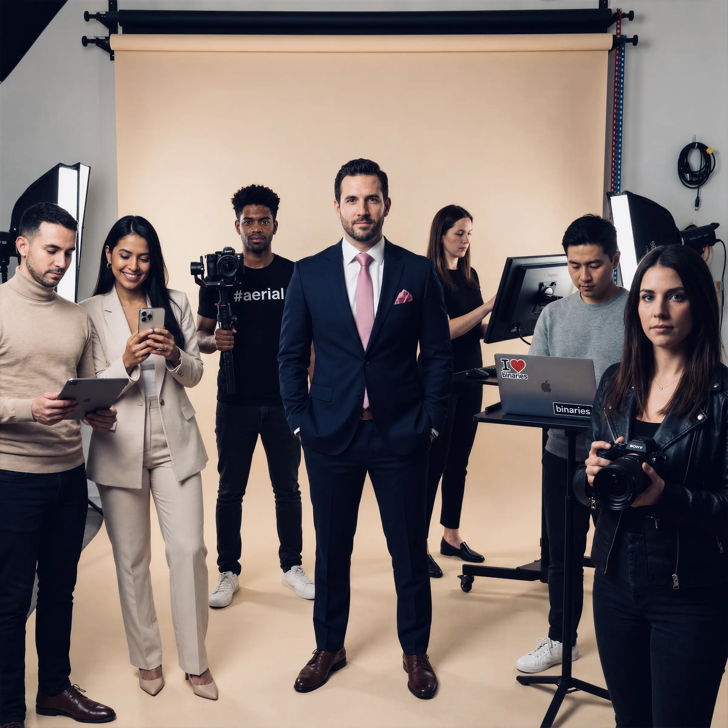 The True Advize team standing in a photo studio with cameras, laptops and lights